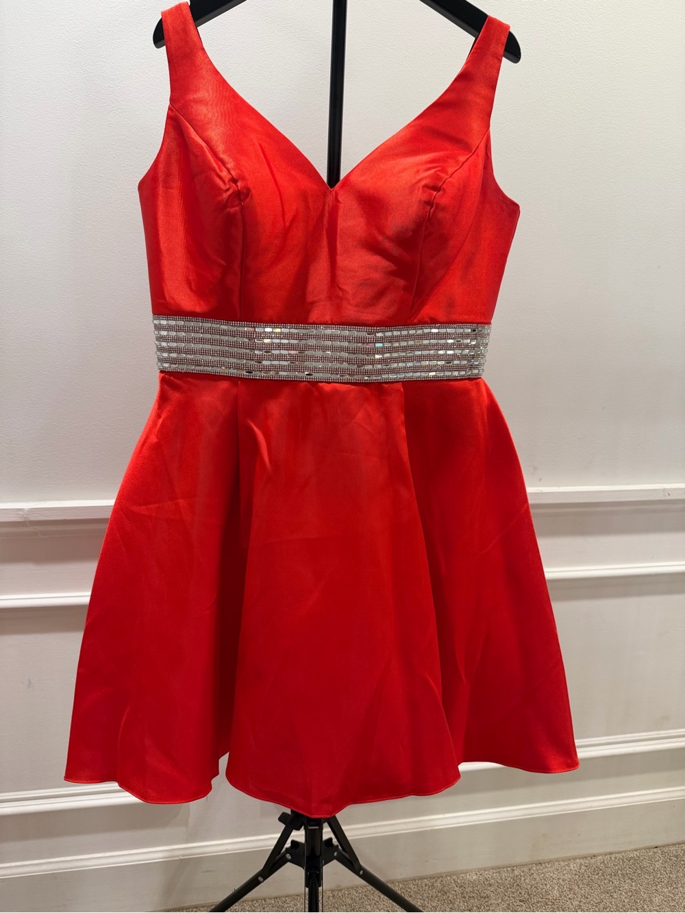 Temptations Red Satin Party Dress with Silver Beaded Waist